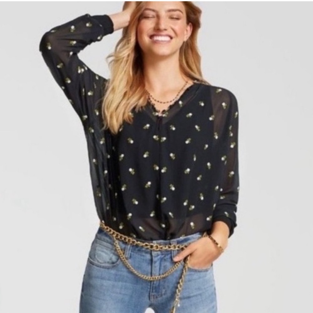 Cabi 5338‎ Sheer Floral Embroidered Blouse Black Size Small